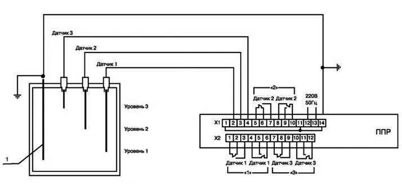 Электрическая схема подключения реле РОС-301 для резервуара из непроводящего металла